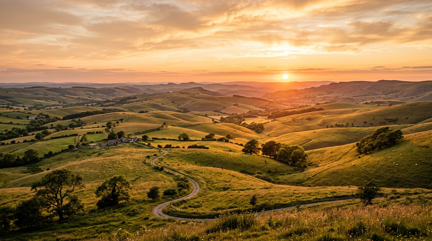 Rolling green hills with a winding road and the sun setting on the horizon